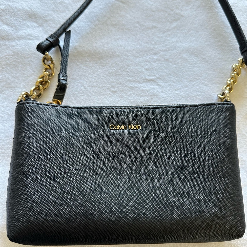 Calvin Klein Saffiano Leather Black and Gold Chain Crossbody Purse Handbag
